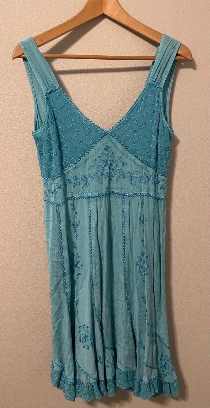 Sacred Threads Dress Womens One Size Blue Floral Embroidered Sundress Boho